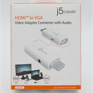 j5create HDMI to VGA Video Adapter Converter w/ Audio JDA203 White Sealed Box